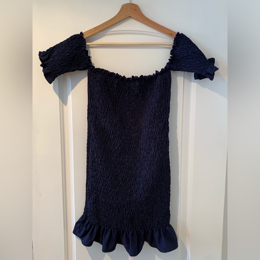 Dee Elly Dress Navy Blue Size Medium Navy Blue Smocked Ruffles Short Sleeves